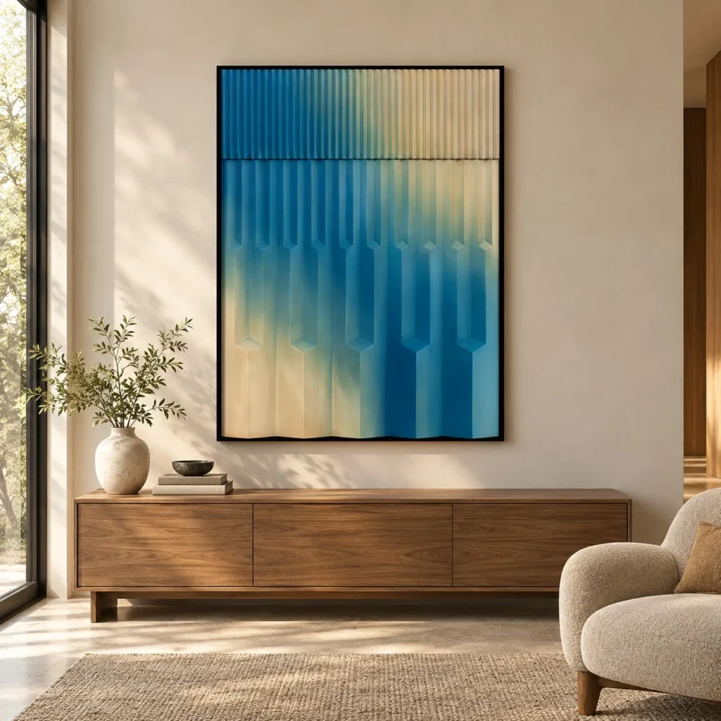 Blue Gradient Ribbed Relief Wall Art, 100 x 132 cm in blue — front view
