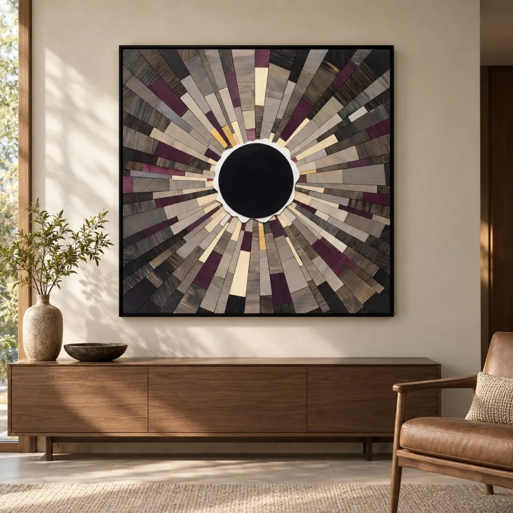 Radiating Tile Sunburst with Black Centre, 100 x 100 cm in slate — front view