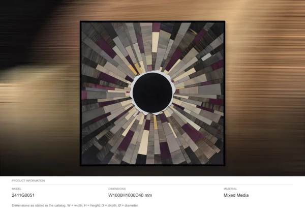 Radiating Tile Sunburst with Black Centre, 100 x 100 cm in slate — dimensions