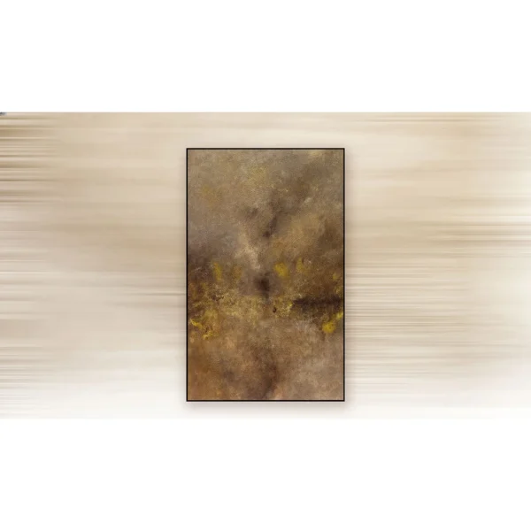 Amber Mist Textured Painting in Black Frame, 50 x 80 cm — in a room setting