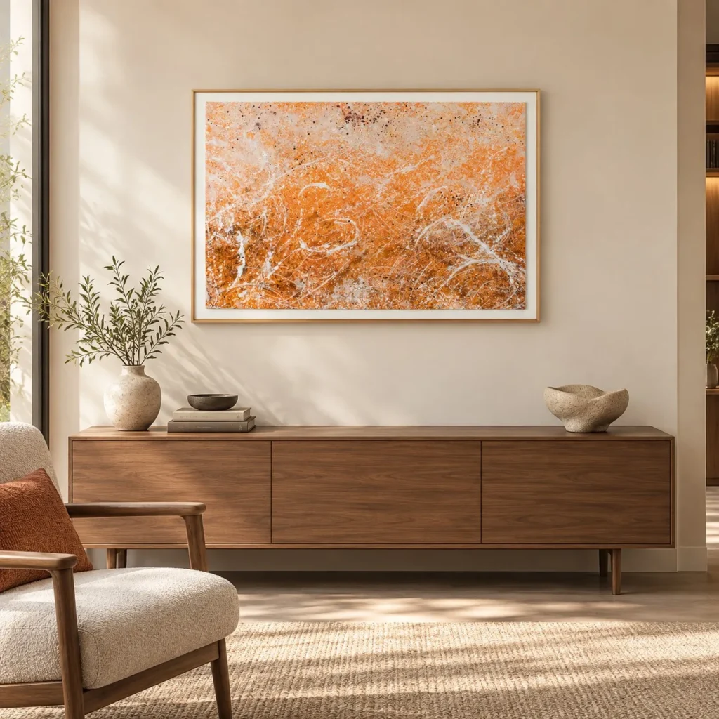 Orange Marble Vein Painting in Slim Frame, 90 x 70 cm — front view