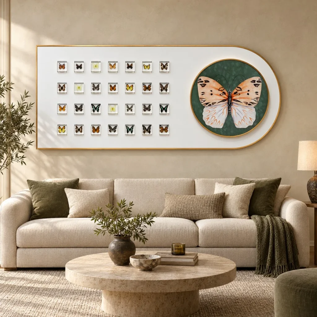 Wide Butterfly Specimen Panel with Green Oval, 192 x 80 cm in ivory — front view