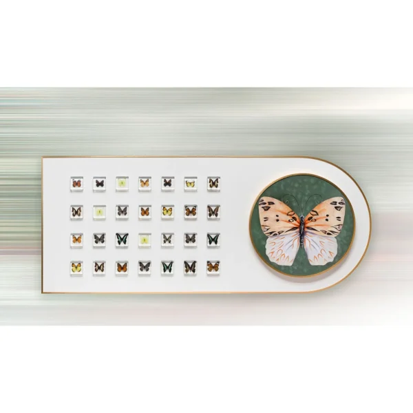 Wide Butterfly Specimen Panel with Green Oval, 192 x 80 cm in ivory — in a room setting