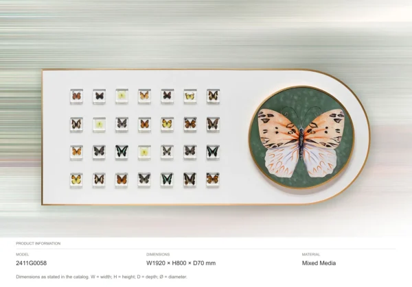 Wide Butterfly Specimen Panel with Green Oval, 192 x 80 cm in ivory — dimensions