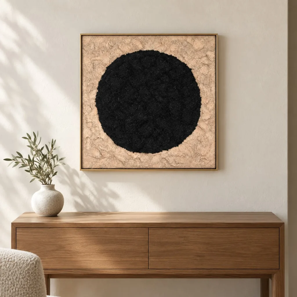 Black Moss Circle Relief on Sand, 60 x 60 cm in black — front view