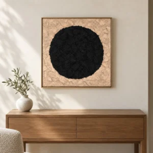Black Moss Circle Relief on Sand, 60 x 60 cm in black — front view