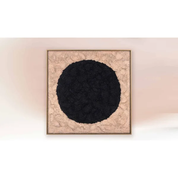 Black Moss Circle Relief on Sand, 60 x 60 cm in black — in a room setting