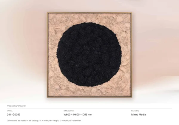 Black Moss Circle Relief on Sand, 60 x 60 cm in black — dimensions