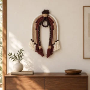 Woven Arch Fibre Wall Hanging in burgundy — front view