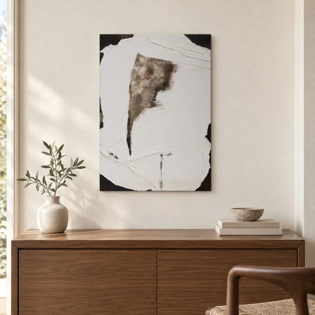 Torn Plaster on Black Abstract Wall Art, 50 x 70 cm in ivory — front view