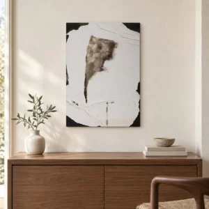Torn Plaster on Black Abstract Wall Art, 50 x 70 cm in ivory — front view