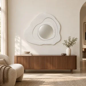 White Ribbed Organic Frame Mirror, 80 x 70 cm in ivory — front view