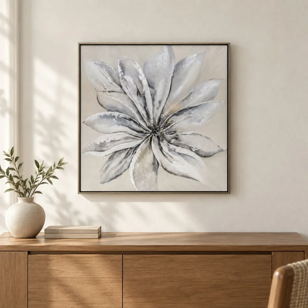 Silver Bloom Painting in Black Frame, 50 x 50 cm — front view
