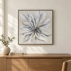 Silver Bloom Painting in Black Frame, 50 x 50 cm — front view