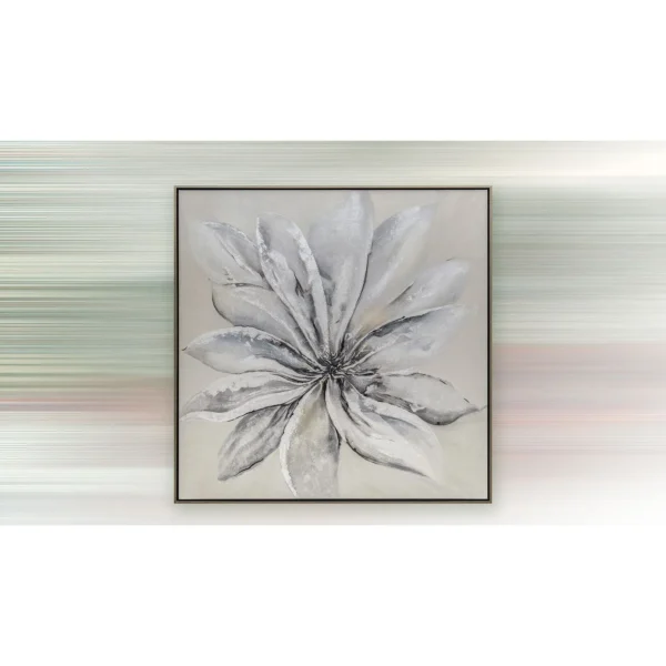 Silver Bloom Painting in Black Frame, 50 x 50 cm — in a room setting