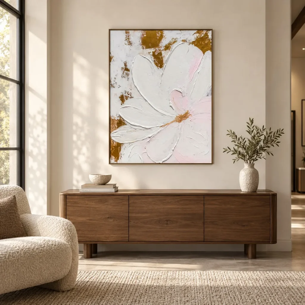 White Impasto Flower with Gold Leaf Painting, 73 x 100 cm in ivory — front view