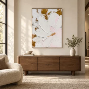 White Impasto Flower with Gold Leaf Painting, 73 x 100 cm in ivory — front view