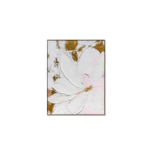 White Impasto Flower with Gold Leaf Painting, 73 x 100 cm in ivory — in a room setting