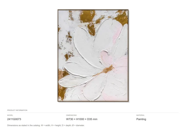 White Impasto Flower with Gold Leaf Painting, 73 x 100 cm in ivory — dimensions