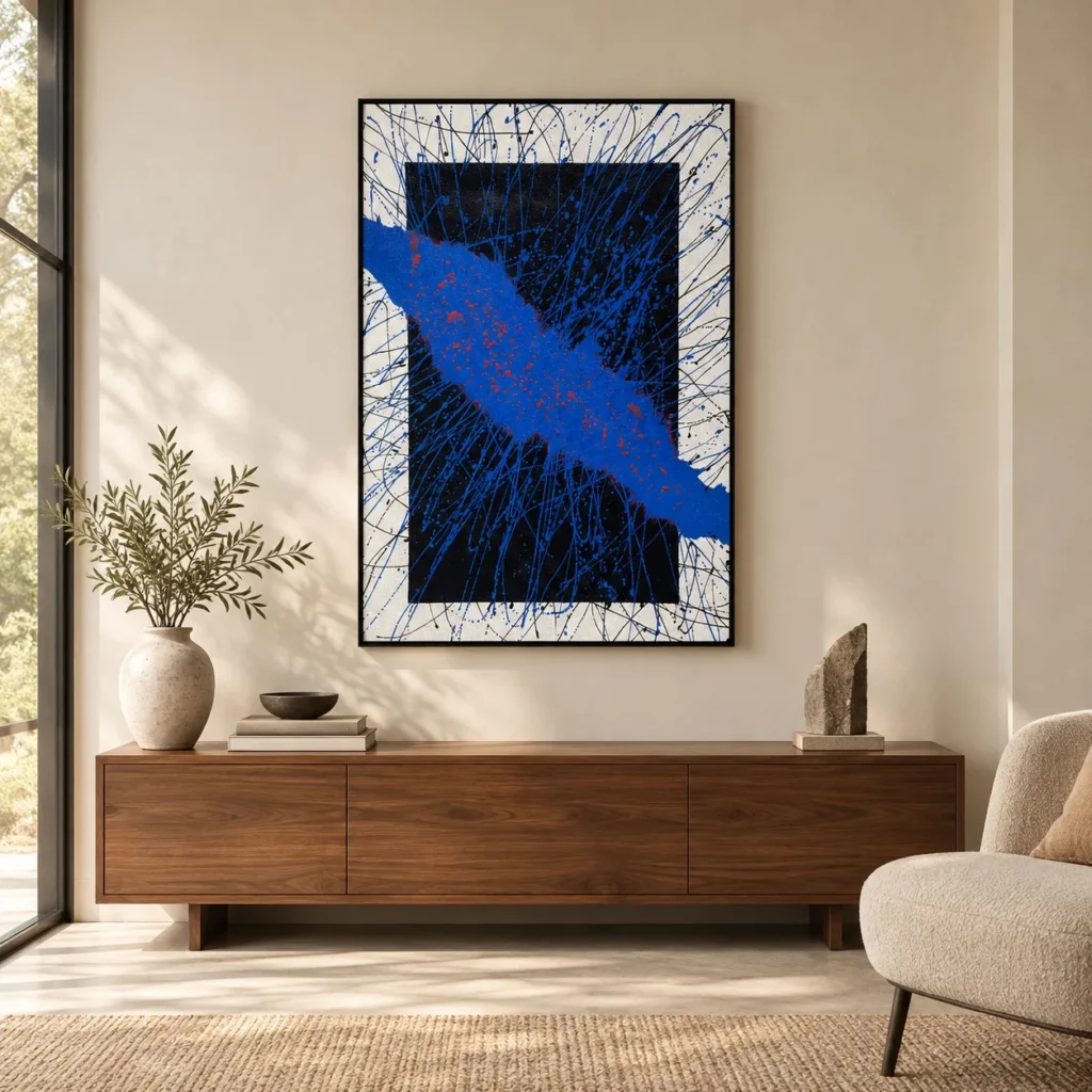 Cobalt Splash on Black Thread Painting, 70 x 100 cm in blue — front view