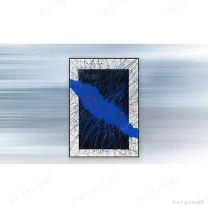 Cobalt Splash on Black Thread Painting, 70 x 100 cm in blue — in a room setting
