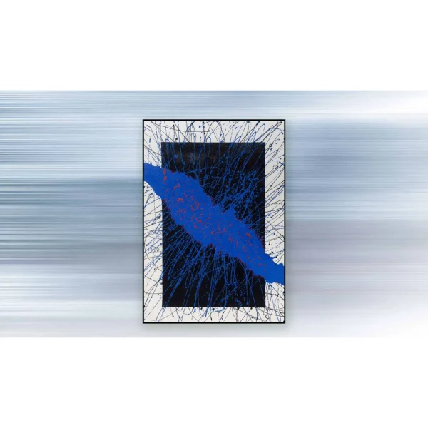 Cobalt Splash on Black Thread Painting, 70 x 100 cm in blue — in a room setting