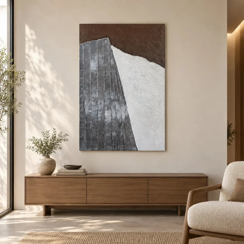 Brown, Slate and White Diagonal Textured Painting, 80 x 120 in clay — front view