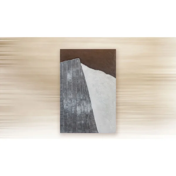 Brown, Slate and White Diagonal Textured Painting, 80 x 120 in clay — in a room setting