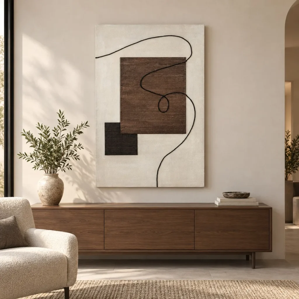Brown Square and Black Line Textured Wall Art, 80 x 120 cm in clay — front view