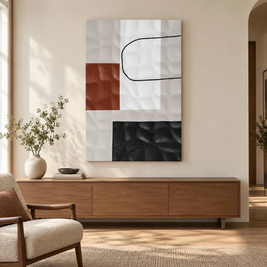 White Rippled Relief with Red and Black Squares, 80 x 120 cm in ivory — front view