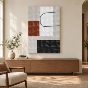 White Rippled Relief with Red and Black Squares, 80 x 120 cm in ivory — front view