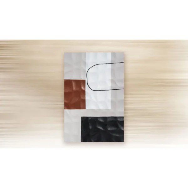 White Rippled Relief with Red and Black Squares, 80 x 120 cm in ivory — in a room setting