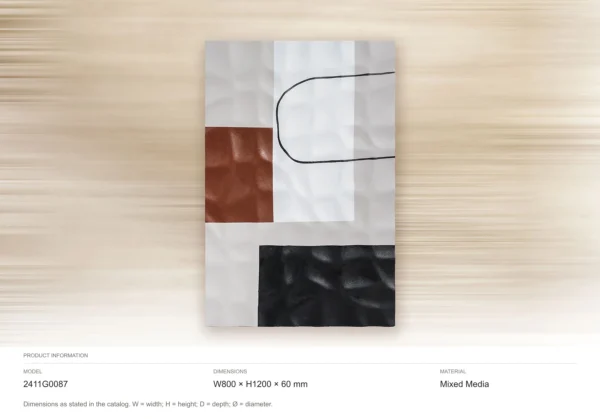 White Rippled Relief with Red and Black Squares, 80 x 120 cm in ivory — dimensions