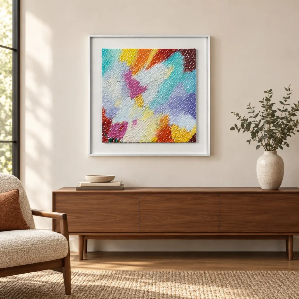 Rainbow Mosaic Textured Painting in White Frame, 80 x 80 cm — front view