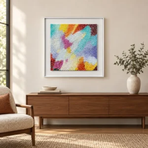 Rainbow Mosaic Textured Painting in White Frame, 80 x 80 cm — front view