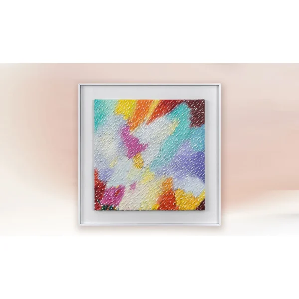 Rainbow Mosaic Textured Painting in White Frame, 80 x 80 cm — in a room setting