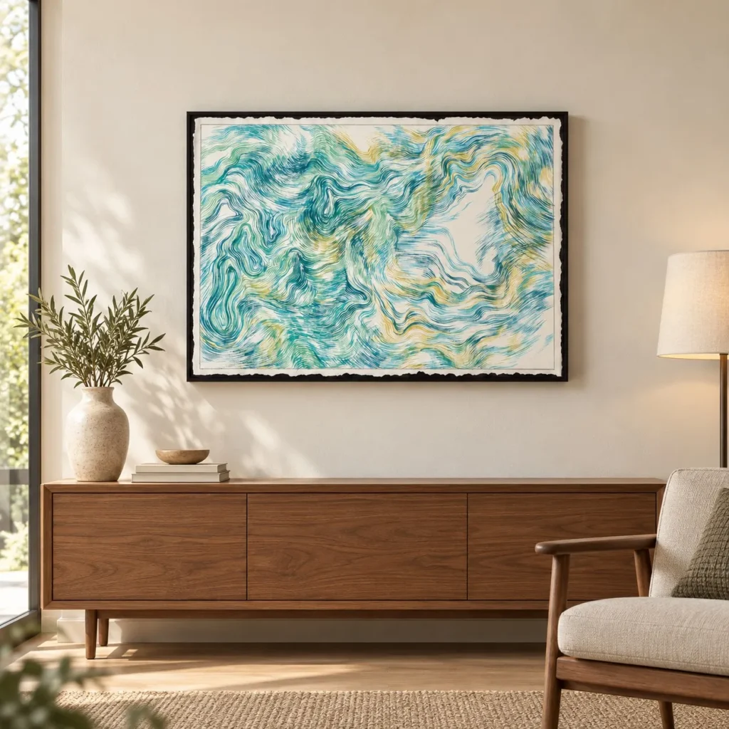 Teal Swirl Textured Painting in Black Frame, 75 x 55 cm — front view