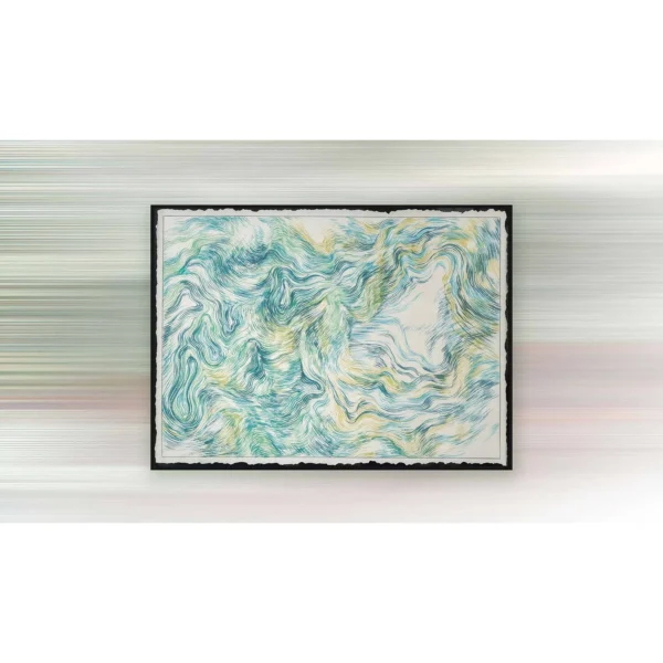 Teal Swirl Textured Painting in Black Frame, 75 x 55 cm — in a room setting
