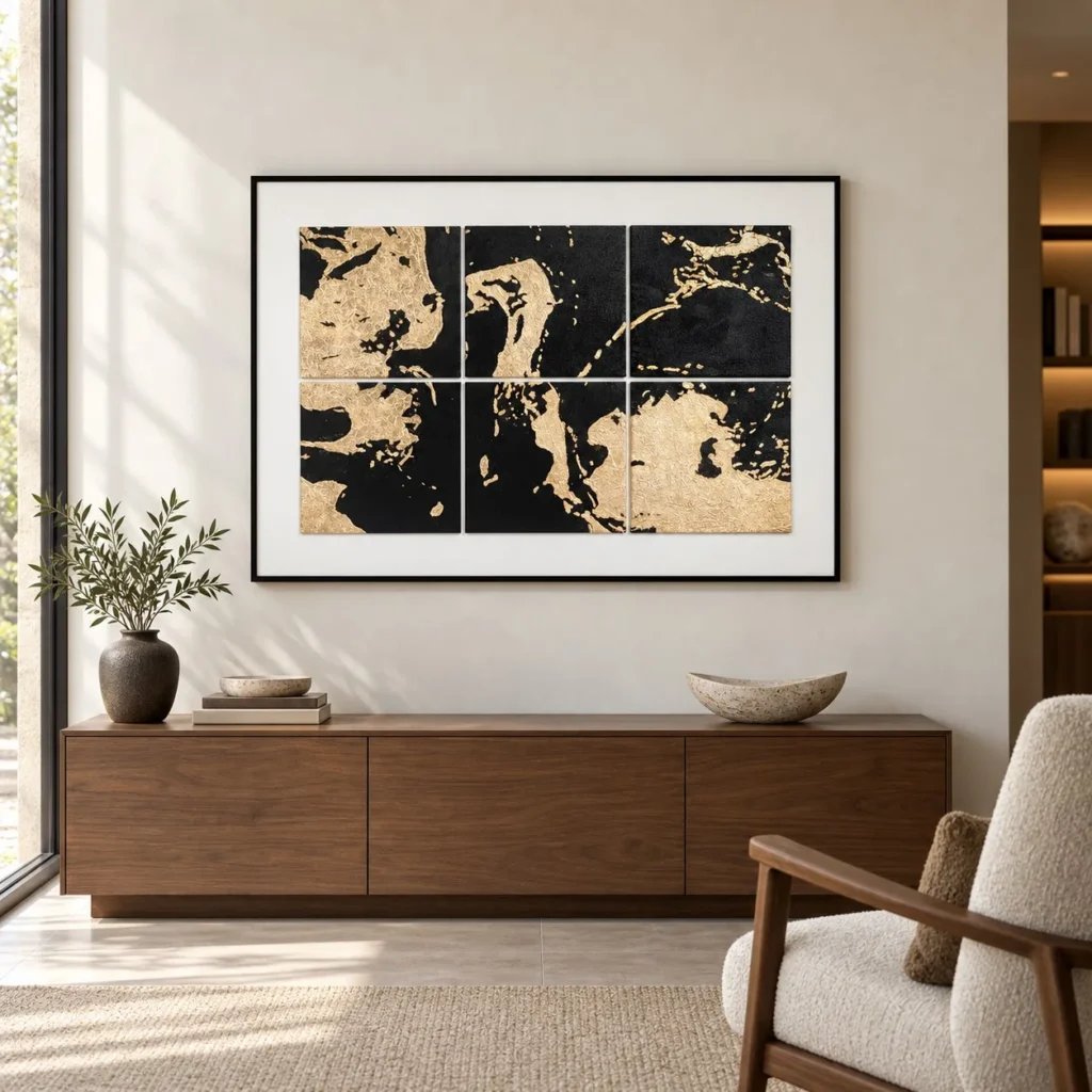 Gold Splash on Black Tile Grid in Black Frame, 130 x 90 cm — front view