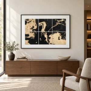 Gold Splash on Black Tile Grid in Black Frame, 130 x 90 cm — front view
