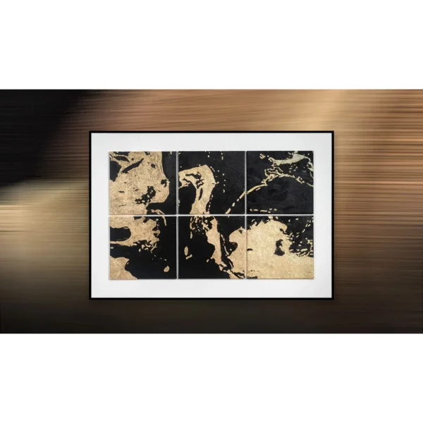 Gold Splash on Black Tile Grid in Black Frame, 130 x 90 cm — in a room setting