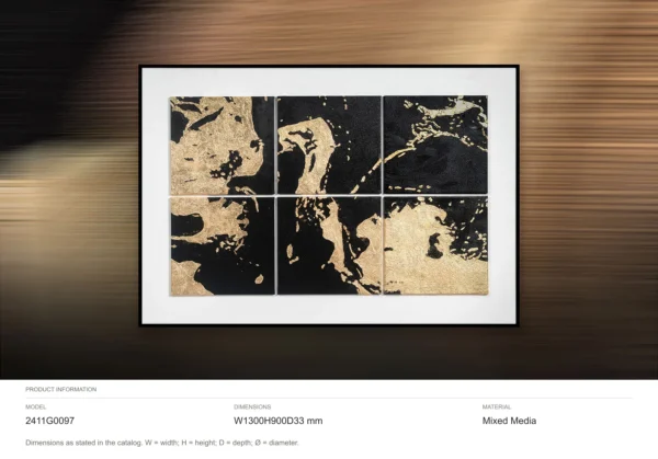 Gold Splash on Black Tile Grid in Black Frame, 130 x 90 cm — dimensions