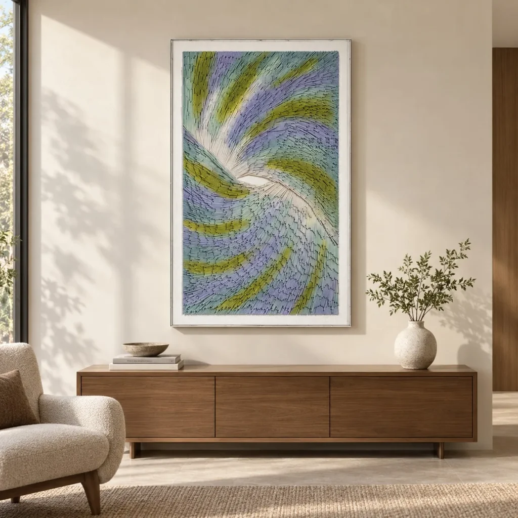 Lilac and Olive Swirl Relief in Slim Frame, 100 x 160 cm — front view