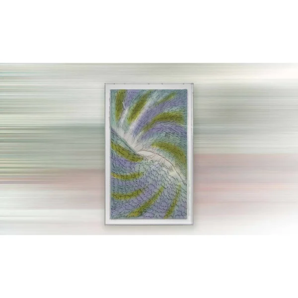Lilac and Olive Swirl Relief in Slim Frame, 100 x 160 cm — in a room setting