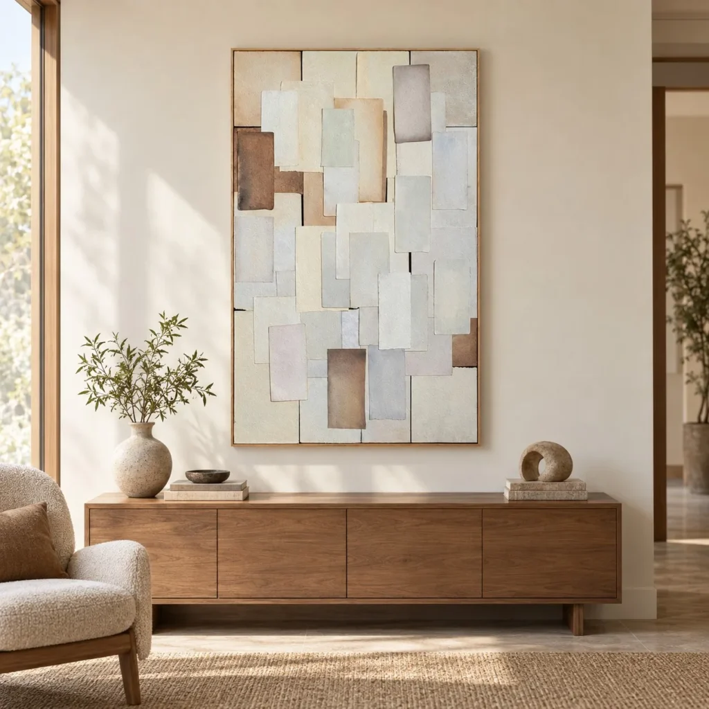 Layered Paper Tile Relief in oatmeal — front view
