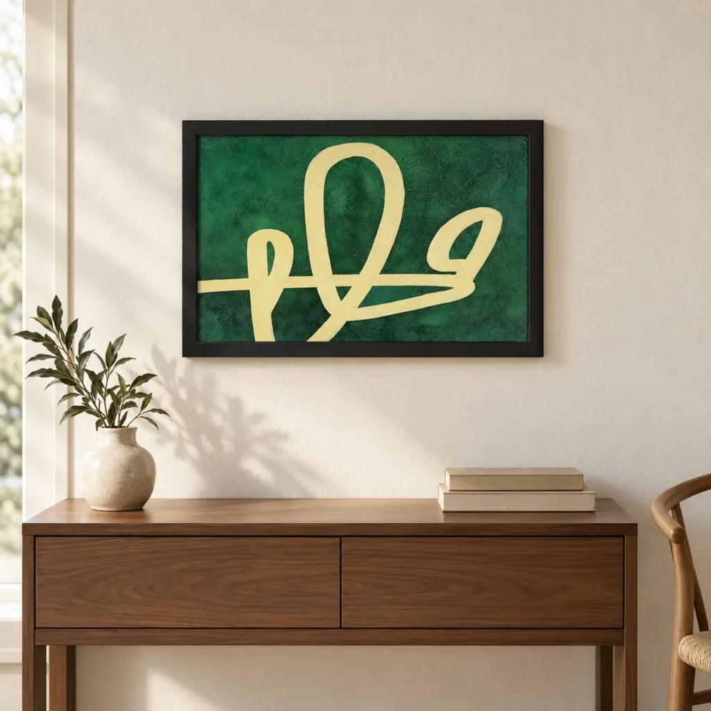 Gold Loop on Green Painting in Black Frame, 50 x 32 cm — front view