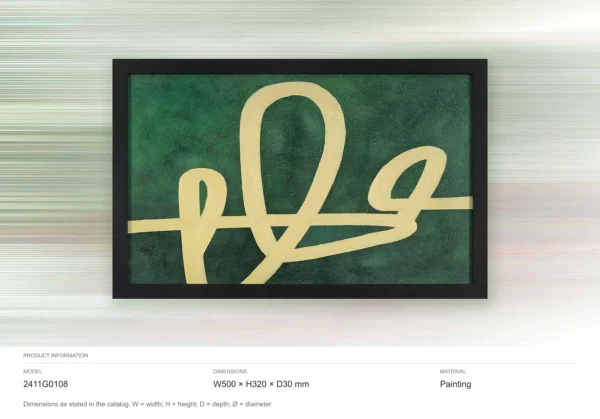 Gold Loop on Green Painting in Black Frame, 50 x 32 cm — dimensions