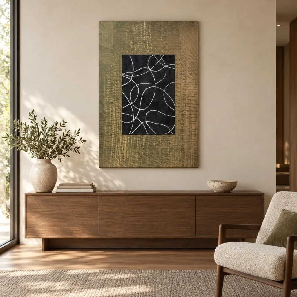 Black Line Panel on Gold Woven Ground, 80 x 120 cm in brushed brass — front view