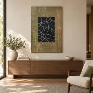 Black Line Panel on Gold Woven Ground, 80 x 120 cm in brushed brass — front view