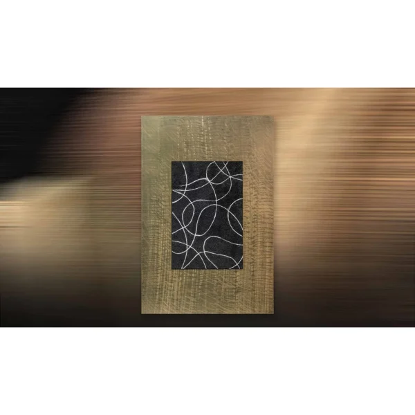 Black Line Panel on Gold Woven Ground, 80 x 120 cm in brushed brass — in a room setting